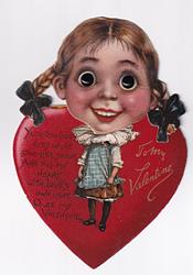 TO MY VALENTINE, girl with pigtails and braids, white lace collar, blue and white dress