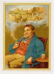 J.E. HODGSON artist-man in chair smokes pipe, image of a busy farm scene in a cloud above him