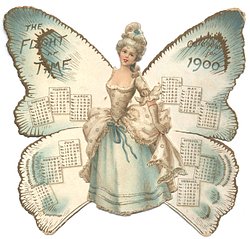 THE FLIGHT OF TIME CALENDAR FOR 1900 lady in fancy blue dress with butterfly wings