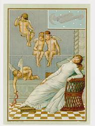 W.F. YEAMES 1881-Woman sleeps in chair in front of four caged sleeping cupids