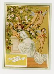 W.F. YEAMES 1881-Woman hugs a cupid on a pedestal in front of a rose bush, two cupids fly, another one has a quiver