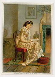 MARCUS STONE-Woman sit reading beside a fireplace