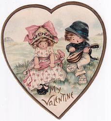 MY VALENTINE, couple sits, he plays an instrument, she holds an umbrella