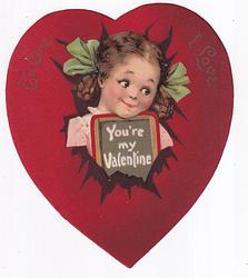 Copy of VALENTINE GREETINGS, girl with slate, green bows in hair