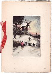 no front title, man walks toward windmill in snow, woman follows, approaching wooden gate, red ribbon left