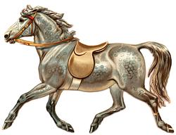 grey horse in a running pose with empty saddle